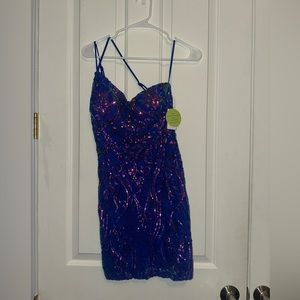 Windsor, mini, one shoulder, blue and purple sequin dress. Size: Small